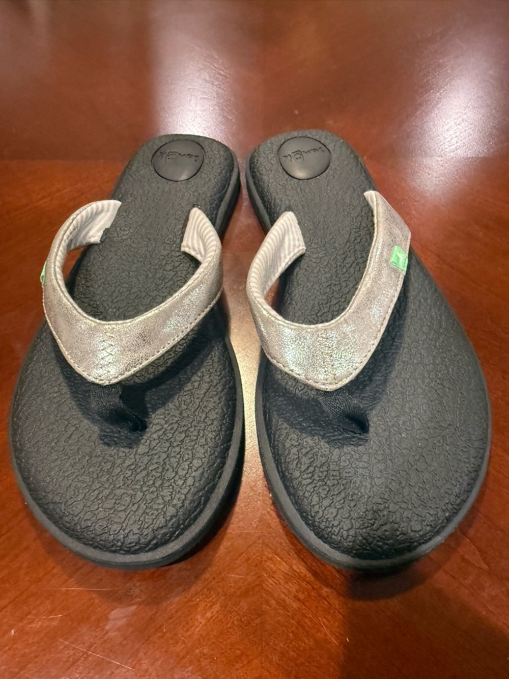 Sanuk Black Footbed Metallic Silver Strap Flip Flops
